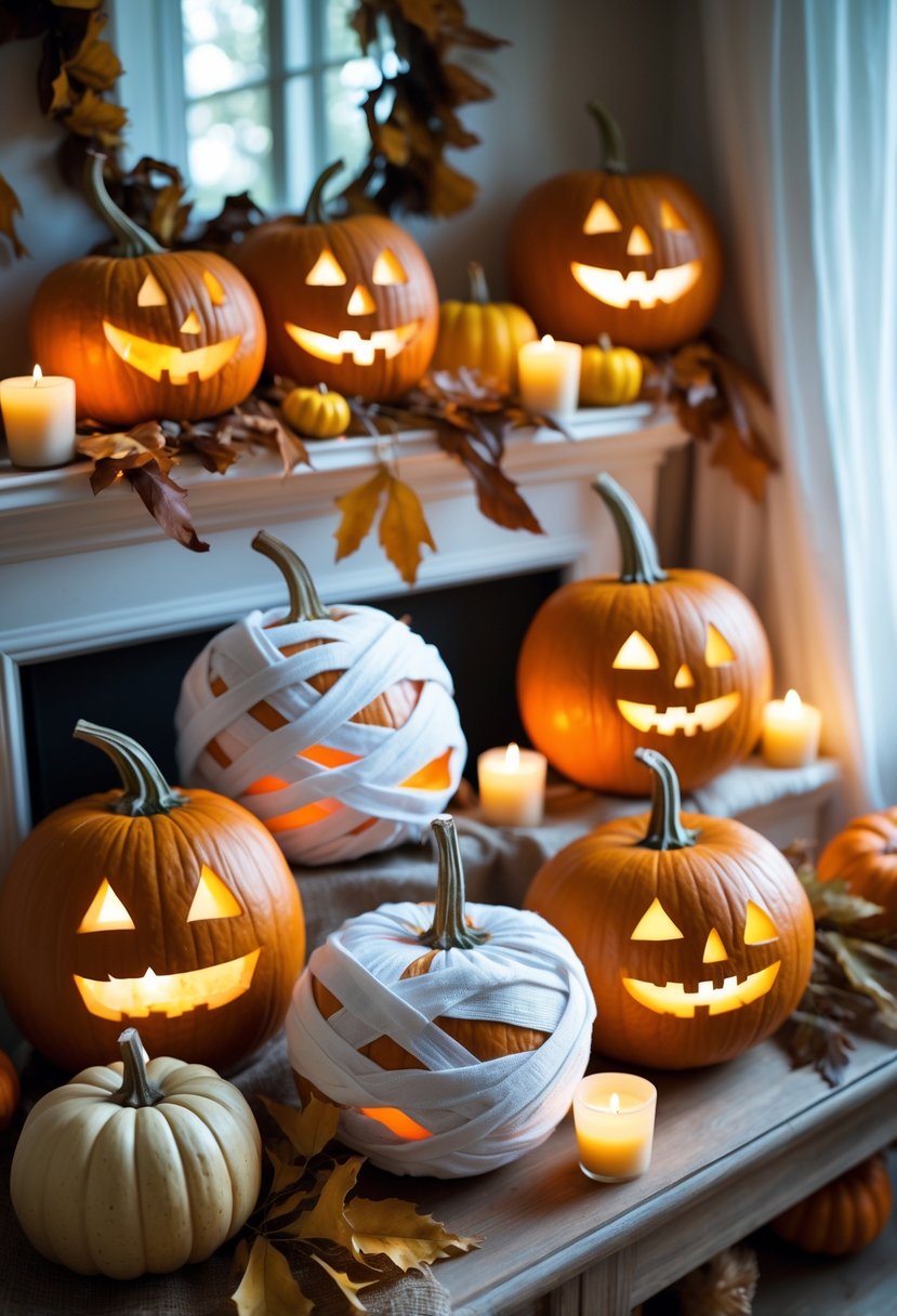 A group of pumpkins decorated with mummy wraps and simple carved faces arranged on a wooden surface with autumn decorations and warm candlelight.