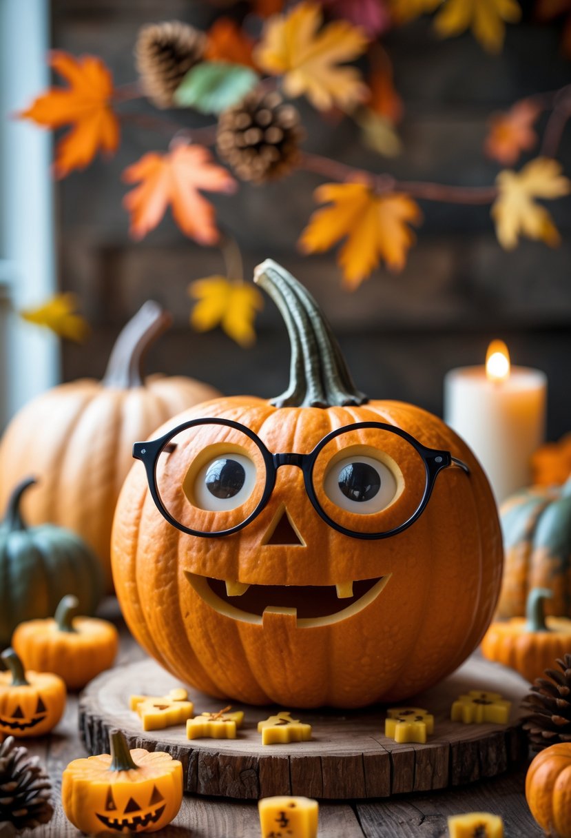 A cute pumpkin wearing glasses sits on a wooden table surrounded by pumpkin carving tools and carved pumpkin pieces with autumn decorations in the background.