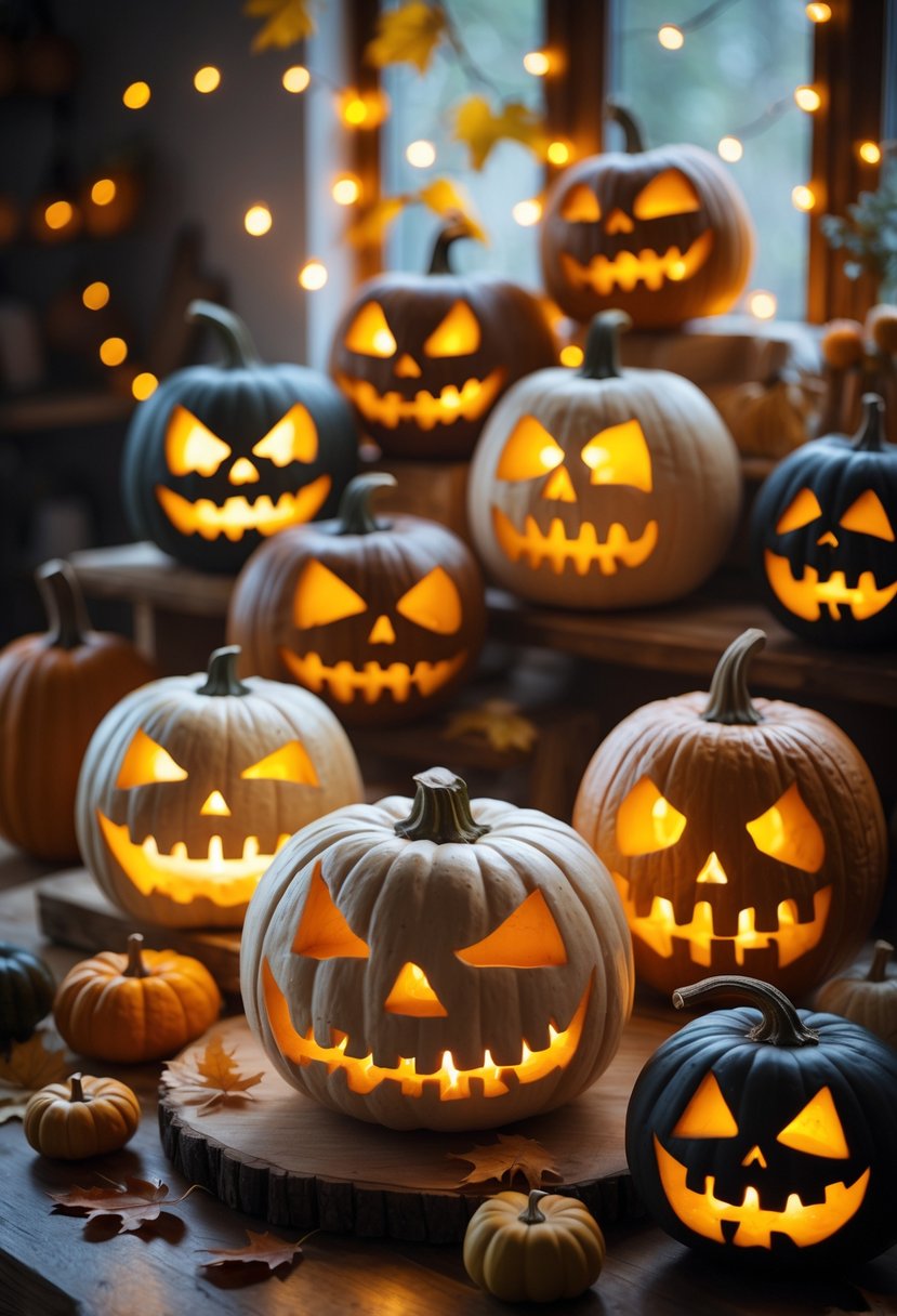 Eighteen carved pumpkins with scary skull faces lit from inside, arranged on a wooden table with autumn decorations in a home setting.