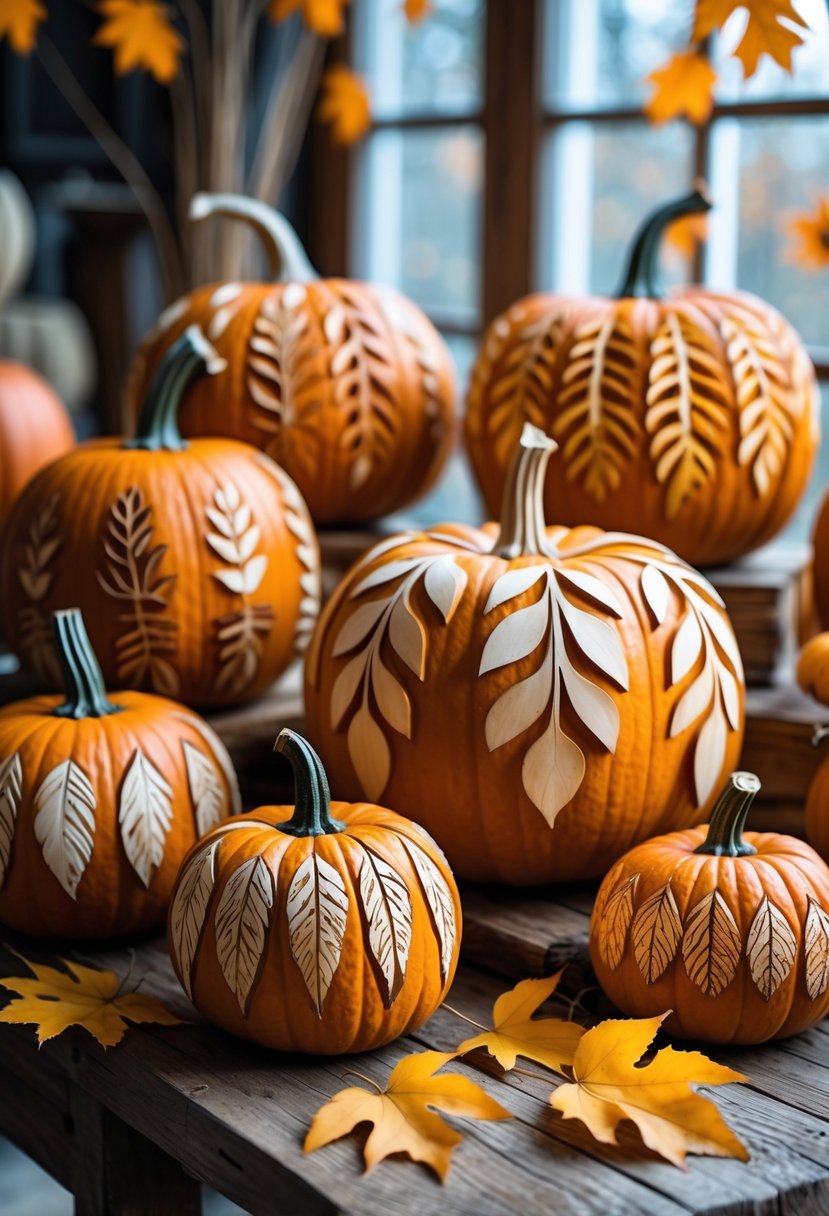 A group of pumpkins carved with detailed leaf patterns arranged on a wooden table with autumn leaves around them.