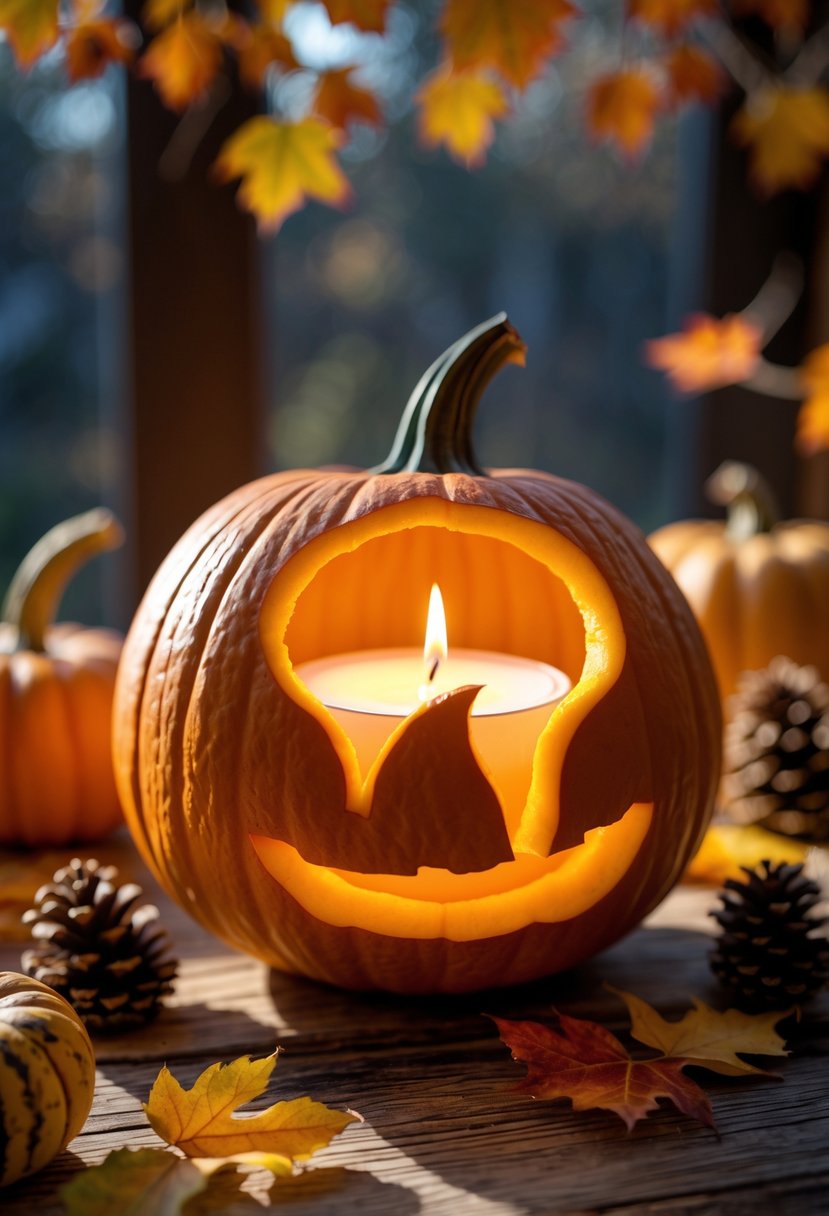 A carved pumpkin shaped like a candle flame glowing on a wooden table surrounded by autumn leaves and small gourds.