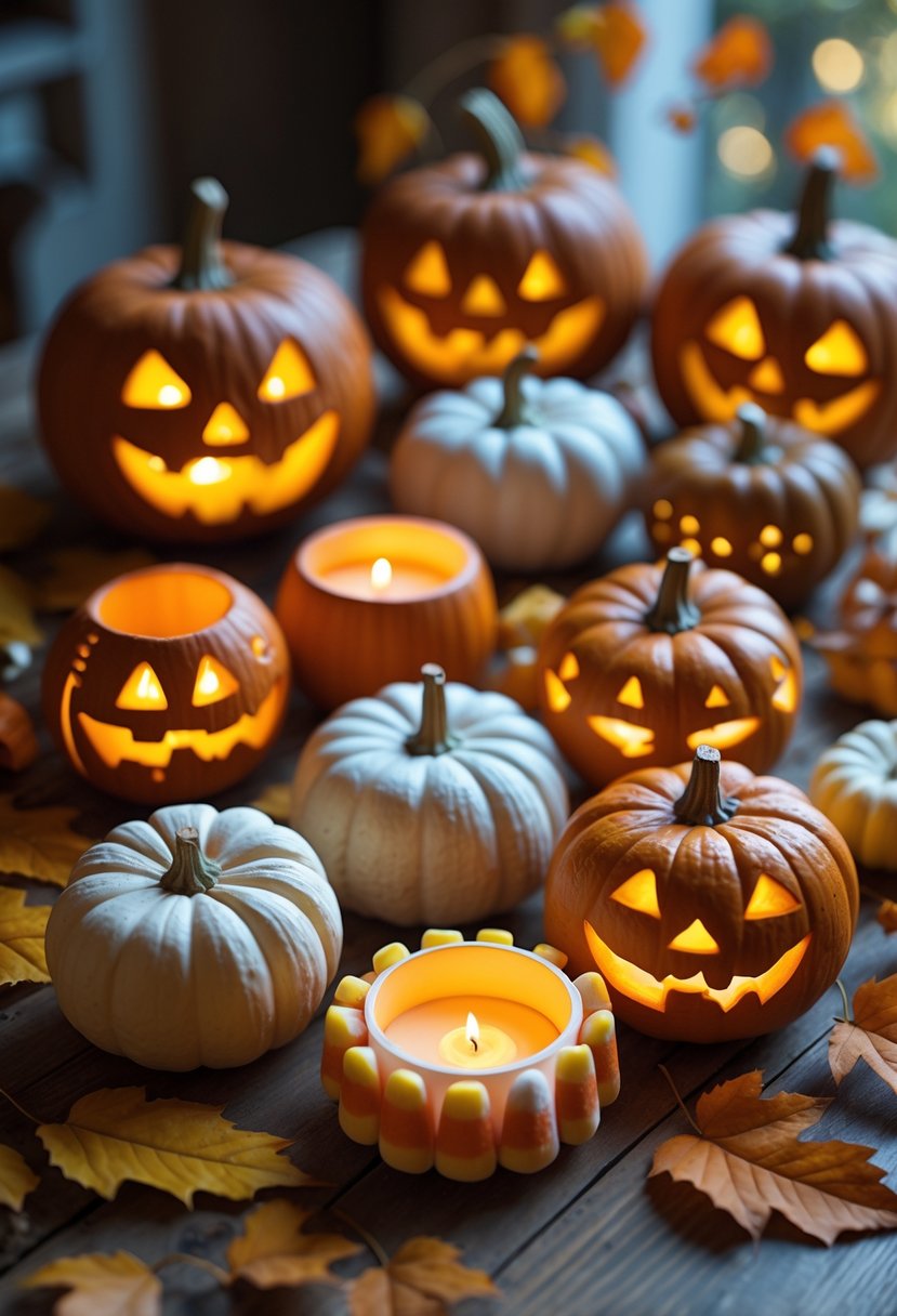 A table displaying candy corn and 18 small carved pumpkins with various simple designs, softly lit and surrounded by autumn leaves.