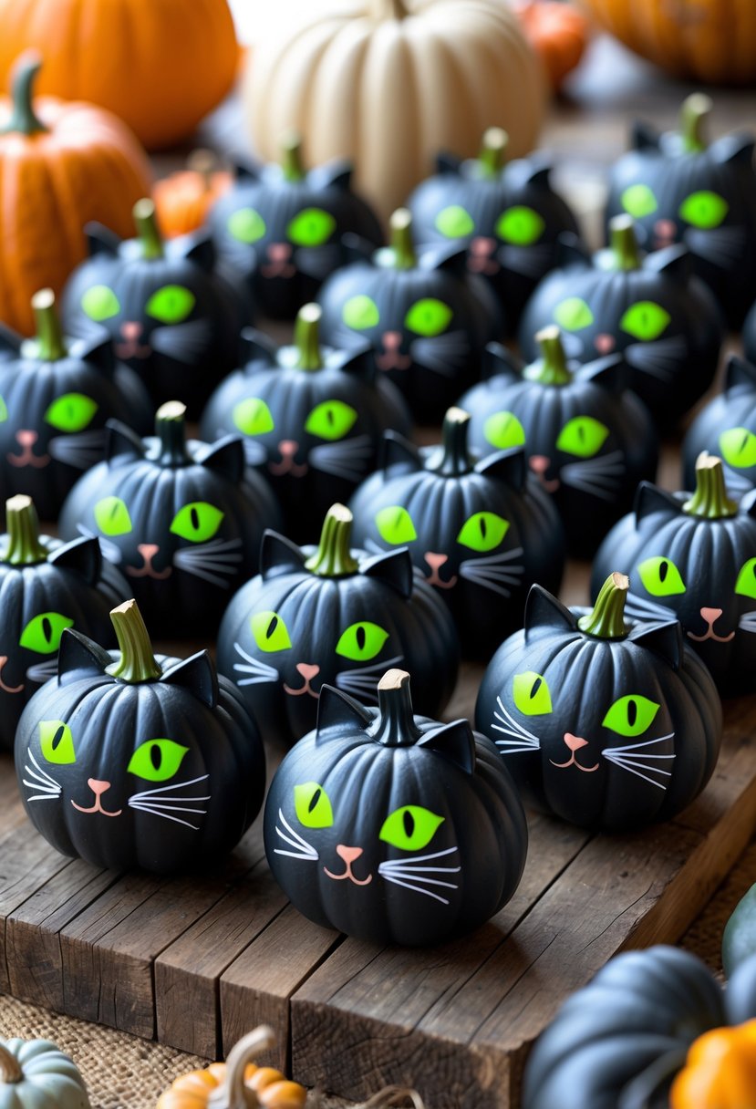 A group of small mini pumpkins painted as black cats with green eyes arranged on a wooden surface.