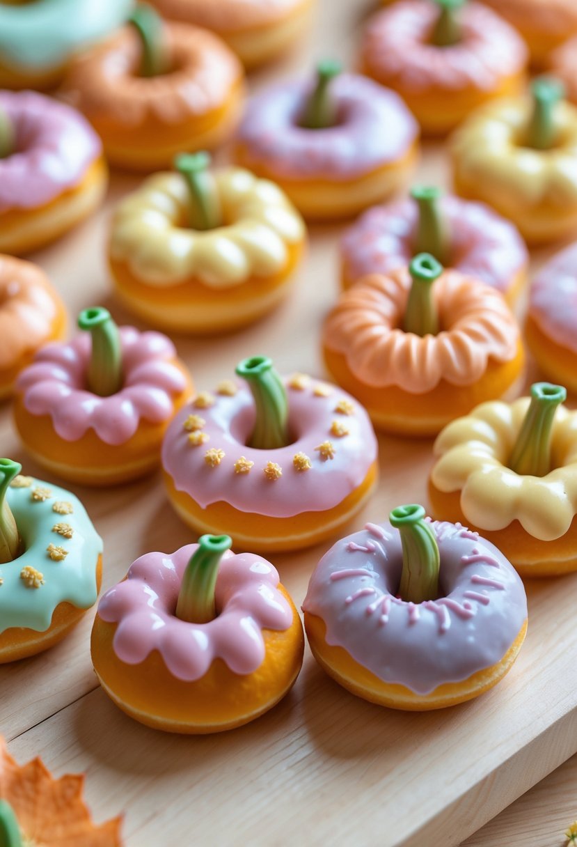 Close-up of tiny pumpkin-shaped donuts with pastel icing designs arranged on a wooden surface.