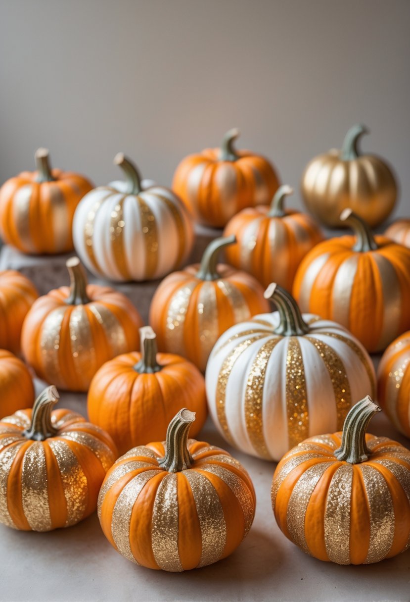 A collection of small mini pumpkins decorated with glittery gold stripes arranged on a plain surface.