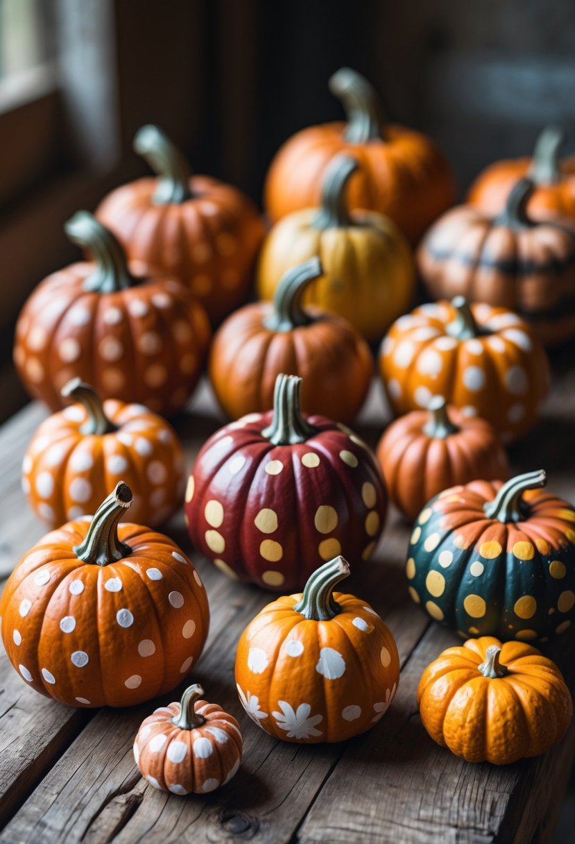 A group of small pumpkins decorated with colorful polka dot patterns in fall colors arranged on a wooden surface.