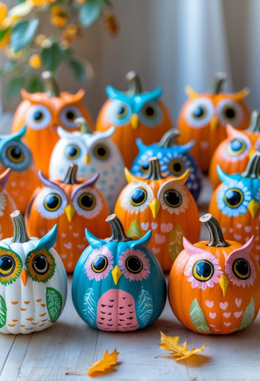 A group of small mini pumpkins painted to look like cute owls with big eyes arranged on a wooden surface.