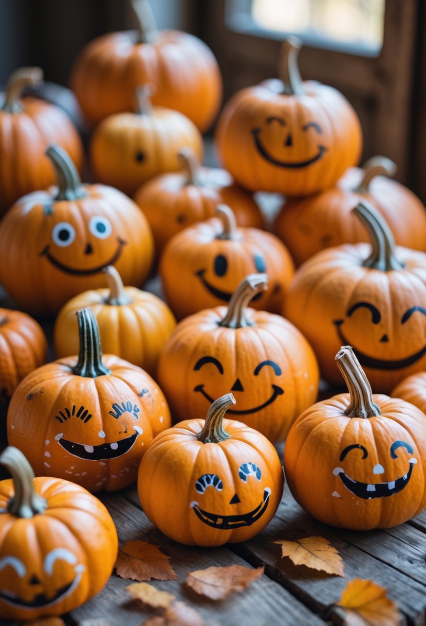 A group of small pumpkins with painted smiley faces arranged on a wooden surface.