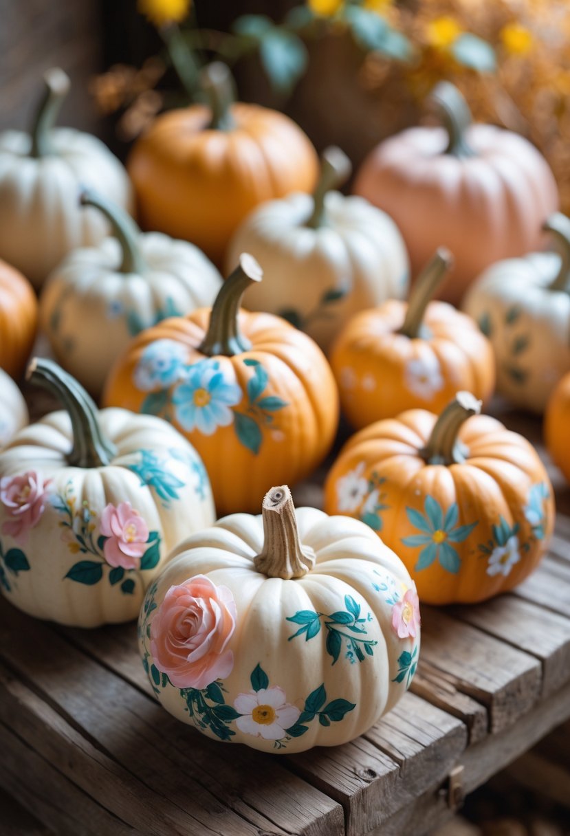 A group of small mini pumpkins decorated with colorful hand-painted floral designs arranged on a wooden surface.