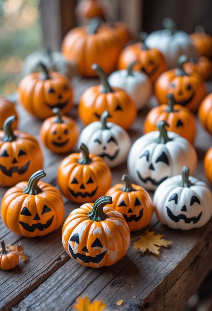 A group of small painted miniature pumpkins with cute spooky ghost faces arranged on a wooden surface.