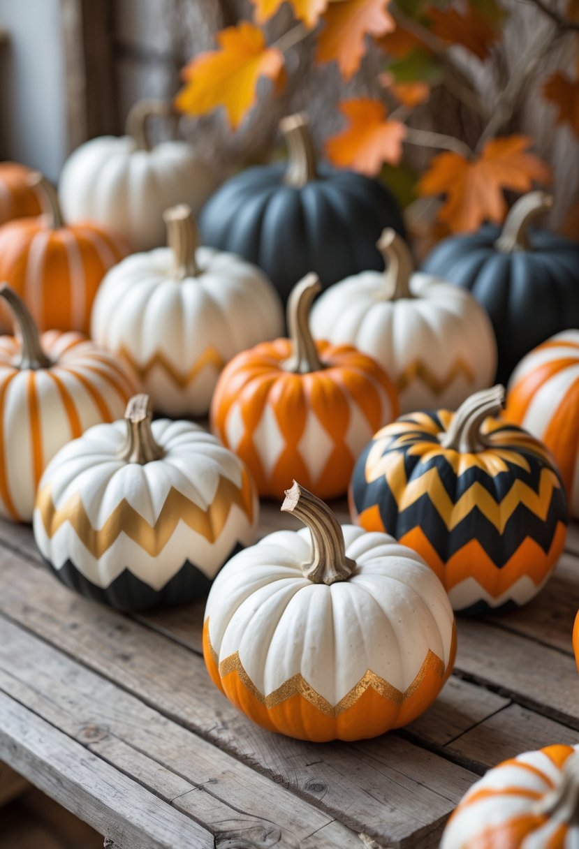 A group of small pumpkins decorated with colorful chevron and zigzag stripes arranged on a wooden surface.