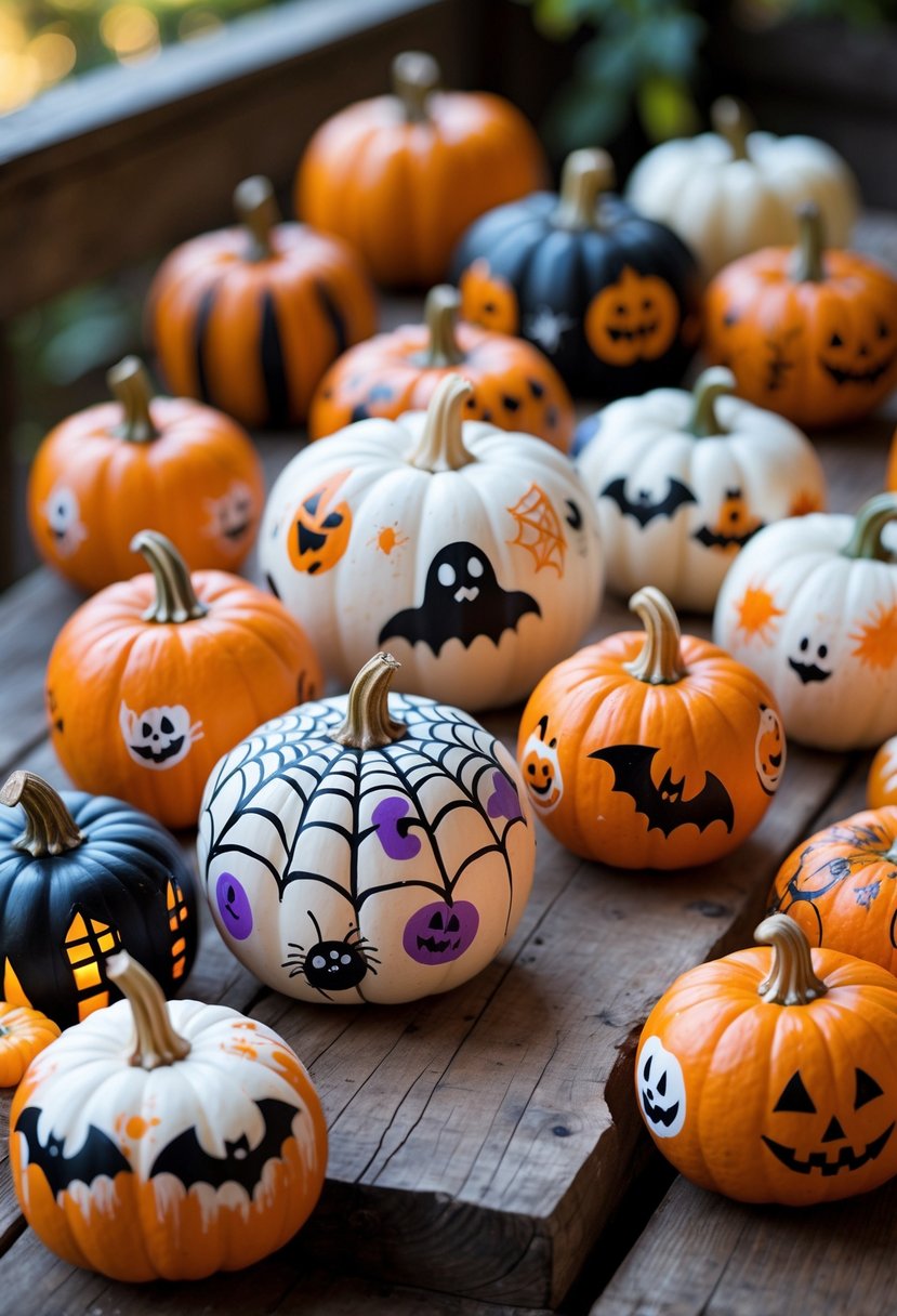 A group of small decorated mini pumpkins with Halloween-themed designs arranged on a wooden surface.