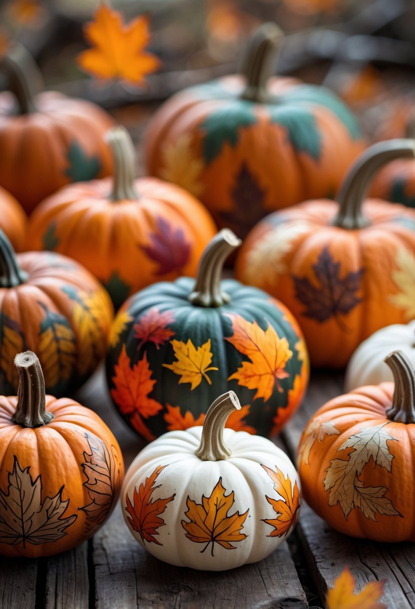 A group of small pumpkins painted with colorful autumn leaf patterns arranged on a wooden surface.