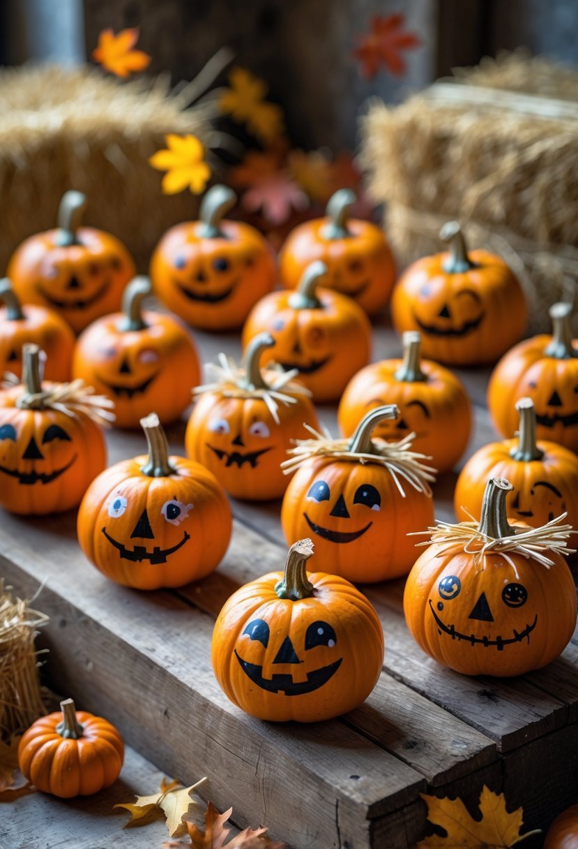 A group of small mini pumpkins painted with cute faces and decorated as tiny scarecrows, arranged on a wooden surface with autumn leaves and hay in the background.