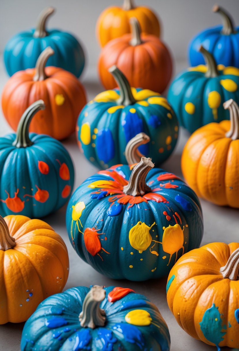 A group of small pumpkins decorated with colorful abstract paint splashes on a plain background.