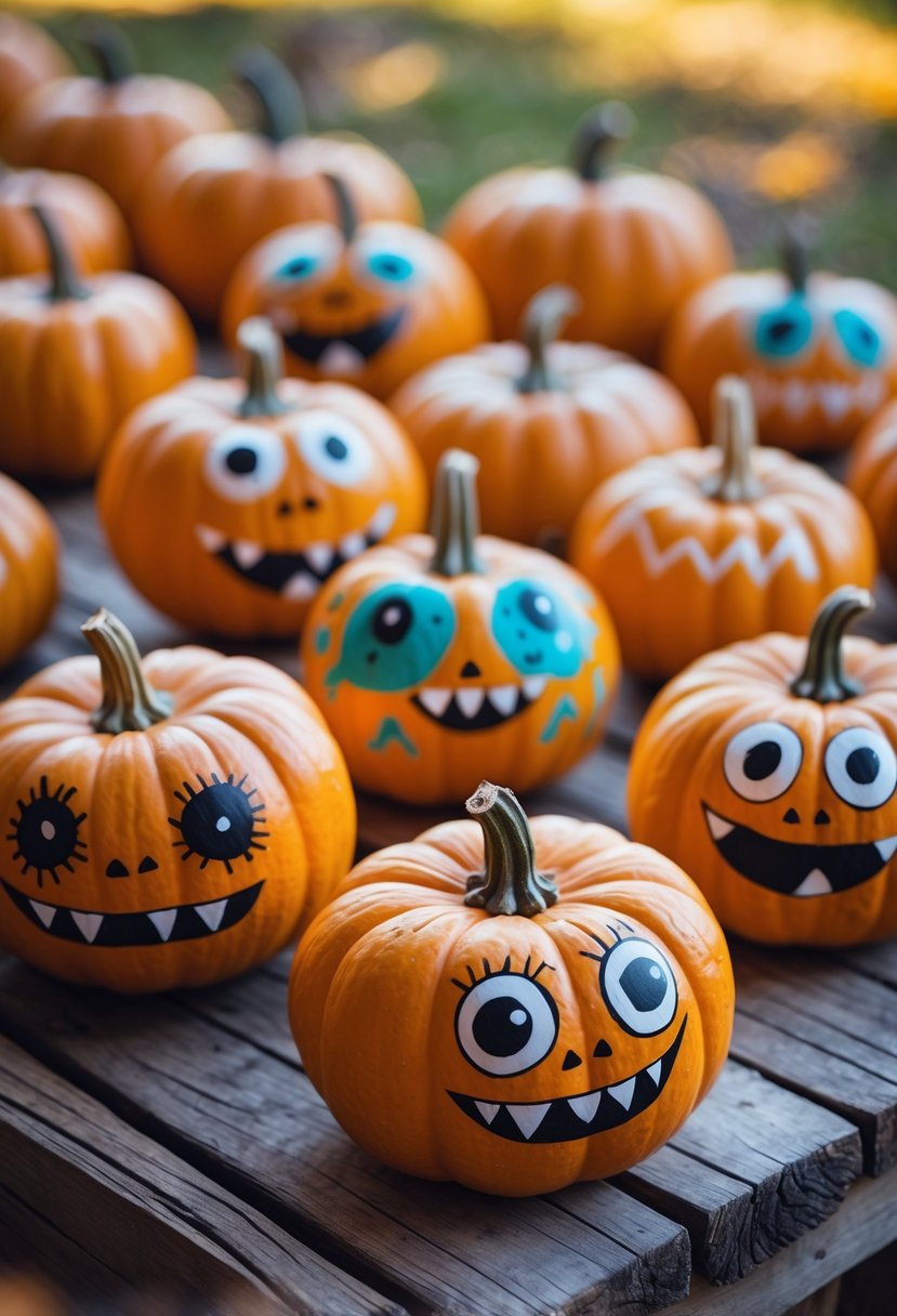 A group of small mini pumpkins decorated with cute monster faces and fangs arranged on a wooden surface.