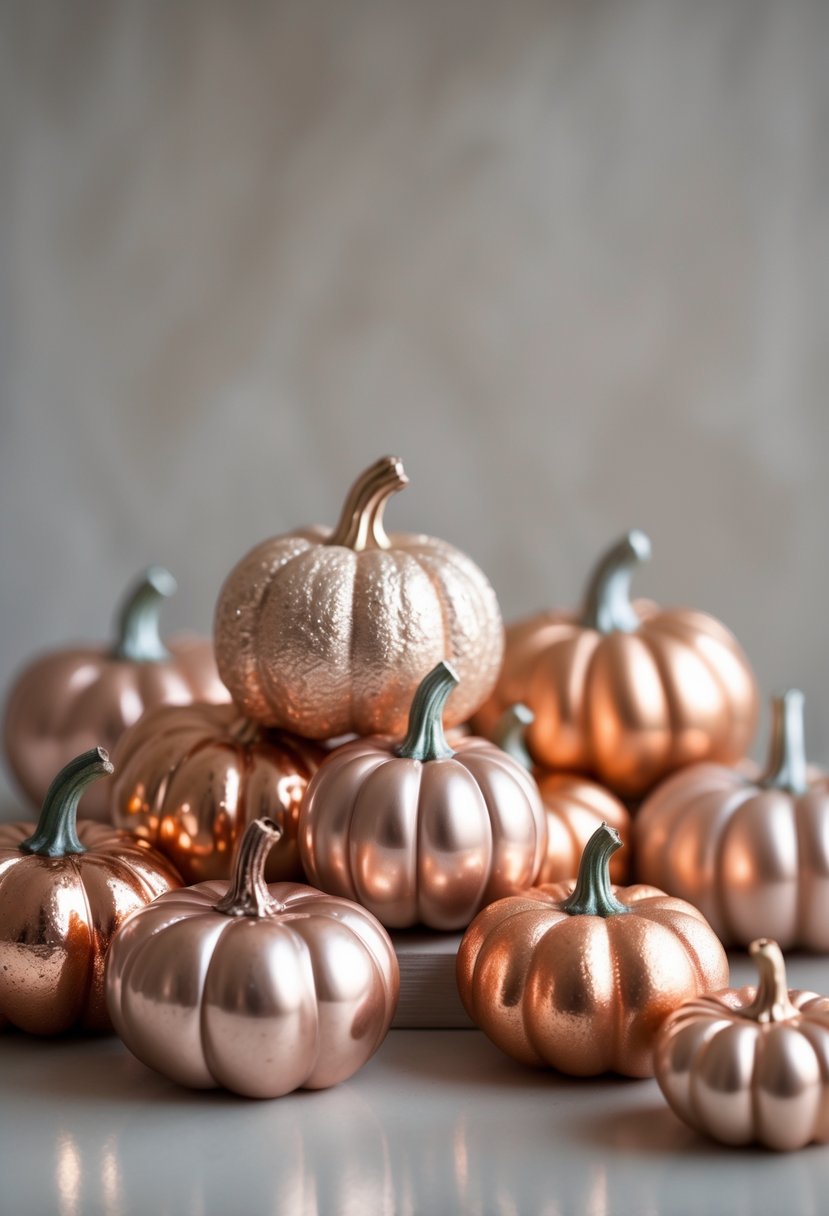A group of small pumpkins painted in metallic copper and bronze finishes arranged on a neutral surface.