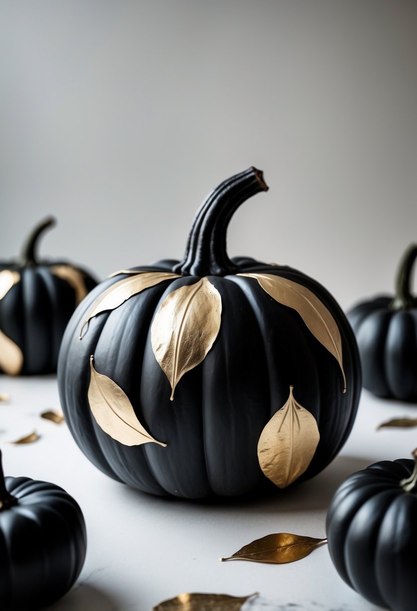 A matte black pumpkin decorated with gold leaf accents surrounded by other black pumpkins with gold details on a neutral background.