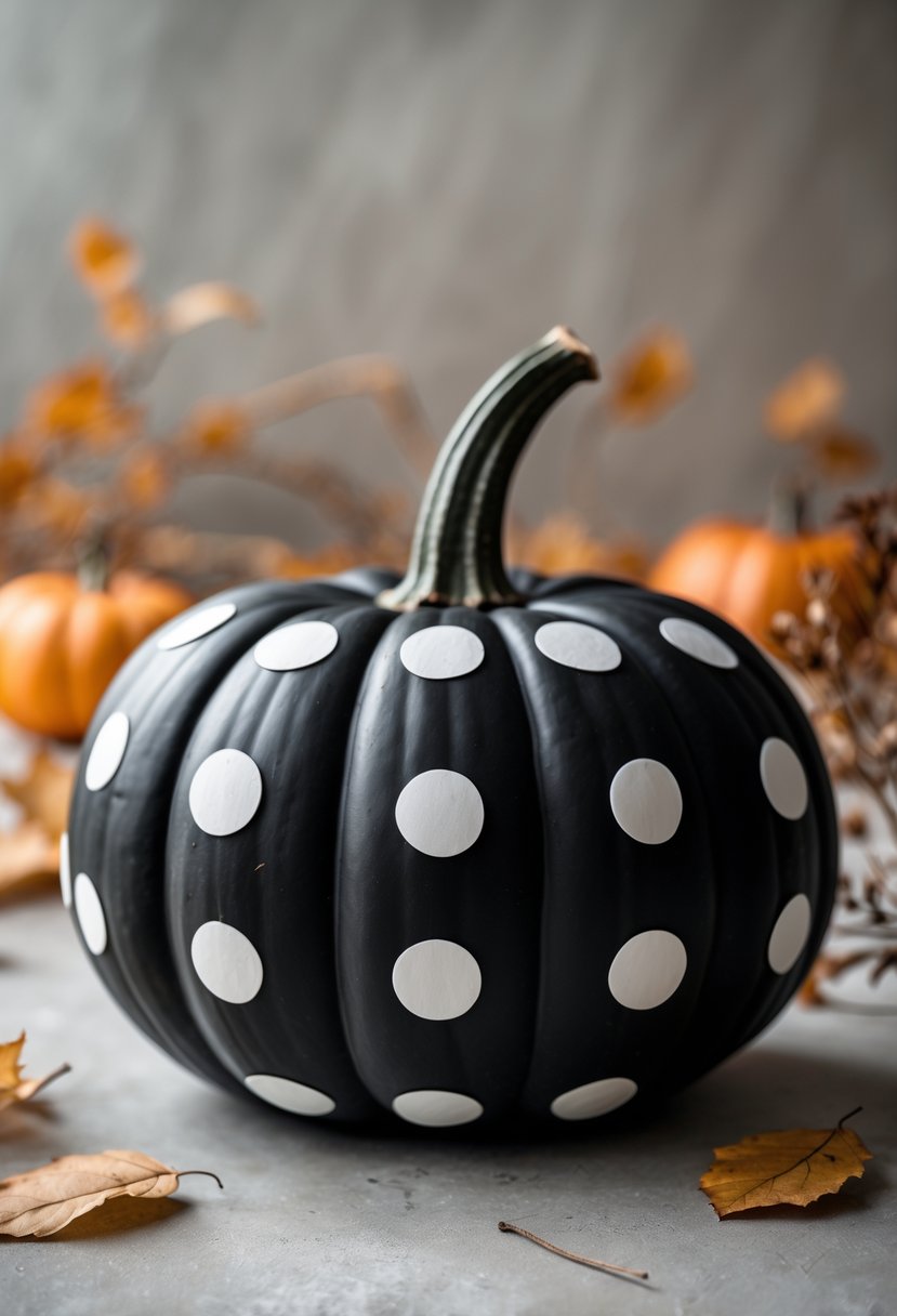 A black pumpkin with white polka dots placed on a surface with autumn leaves around it.