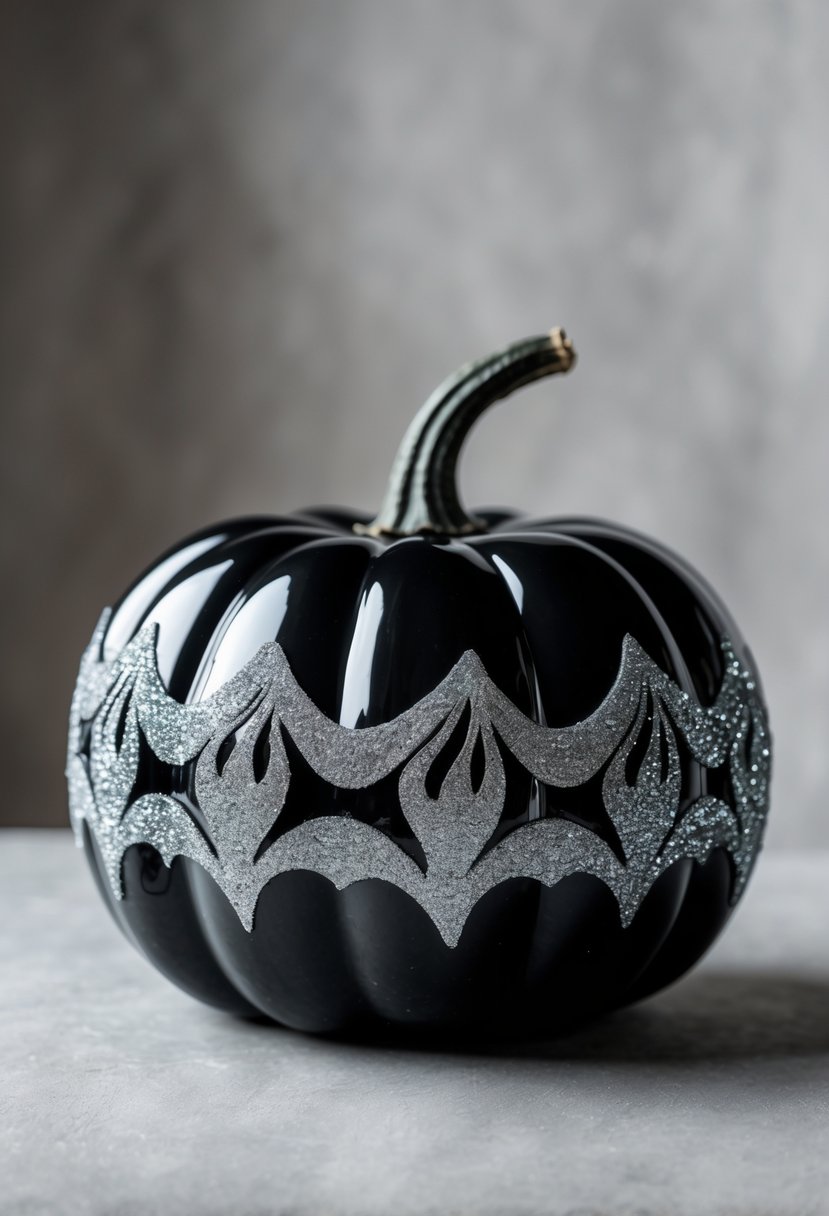 A glossy black pumpkin decorated with silver glitter patterns on a neutral background.