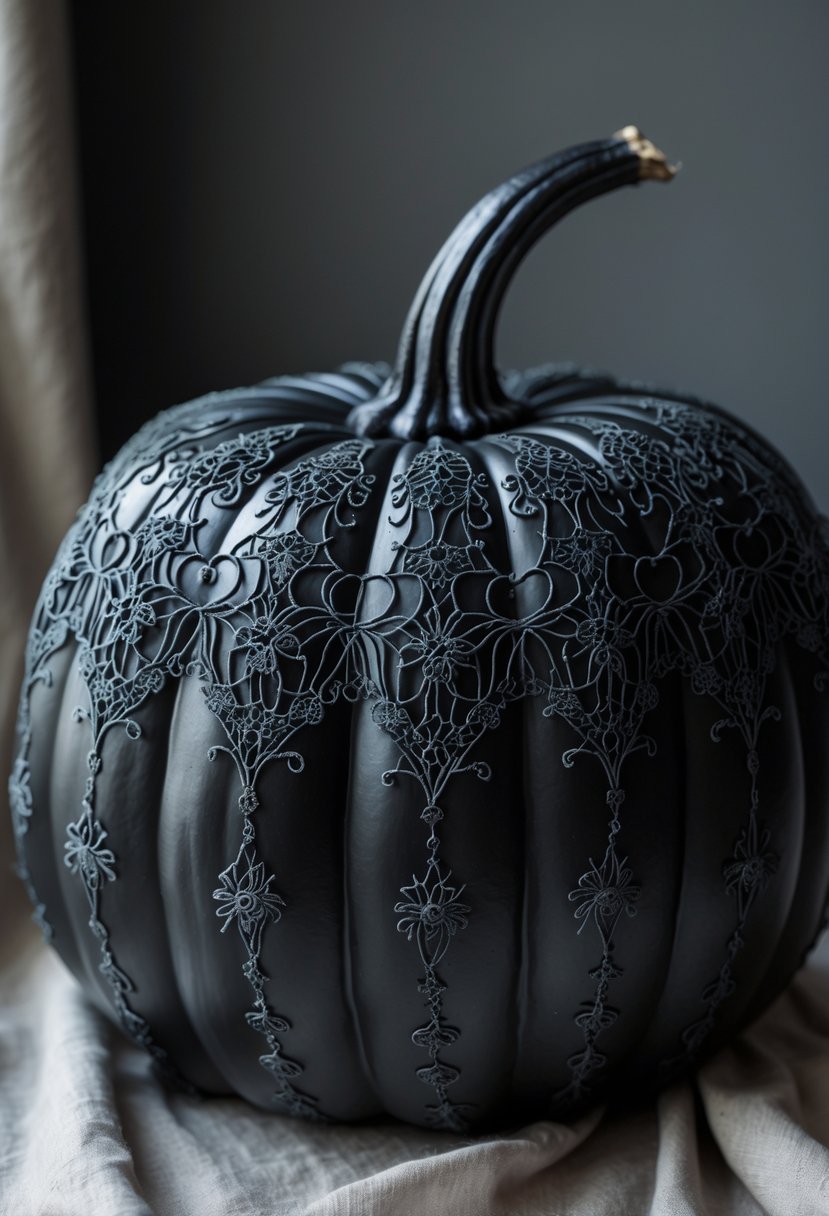 A black pumpkin decorated with intricate black lace patterns on a neutral background.