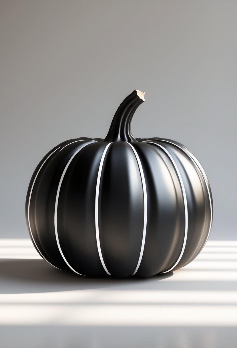 A black pumpkin decorated with sharp white lines on a neutral background.
