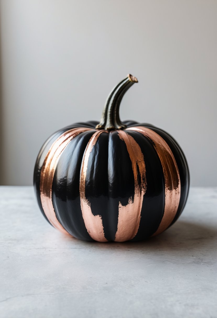A black pumpkin decorated with metallic copper paint on a plain background.