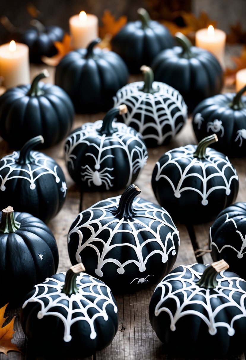 Thirteen black pumpkins painted with white spider web designs arranged on a wooden surface with autumn decorations in the background.