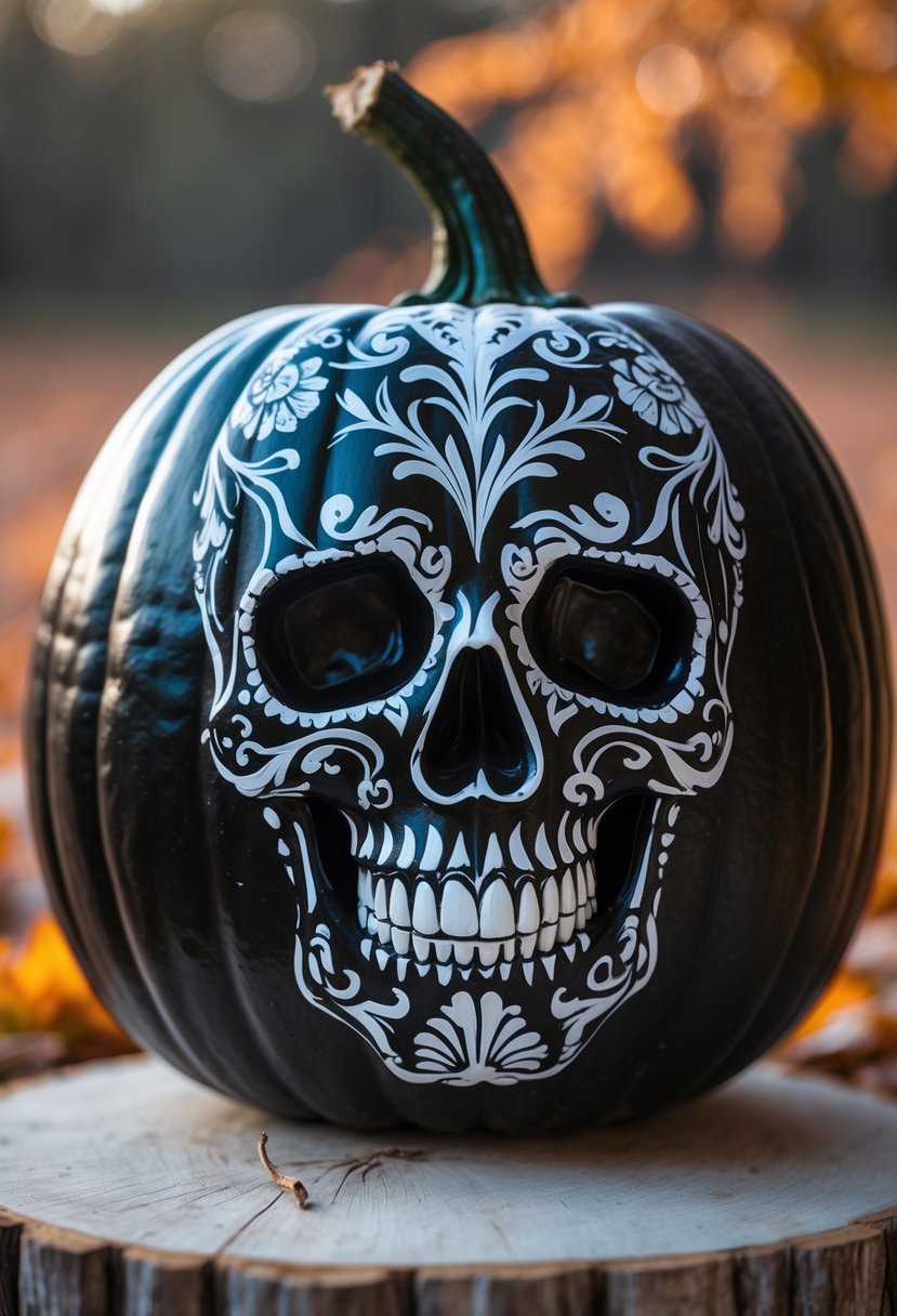 A black pumpkin decorated with white skull designs placed against a blurred autumn background.