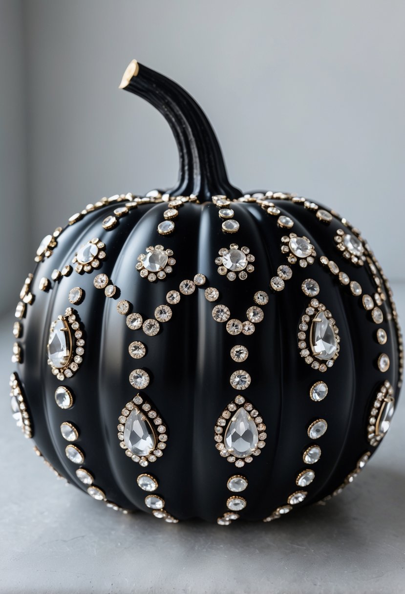 A black pumpkin decorated with sparkling rhinestones against a plain background.