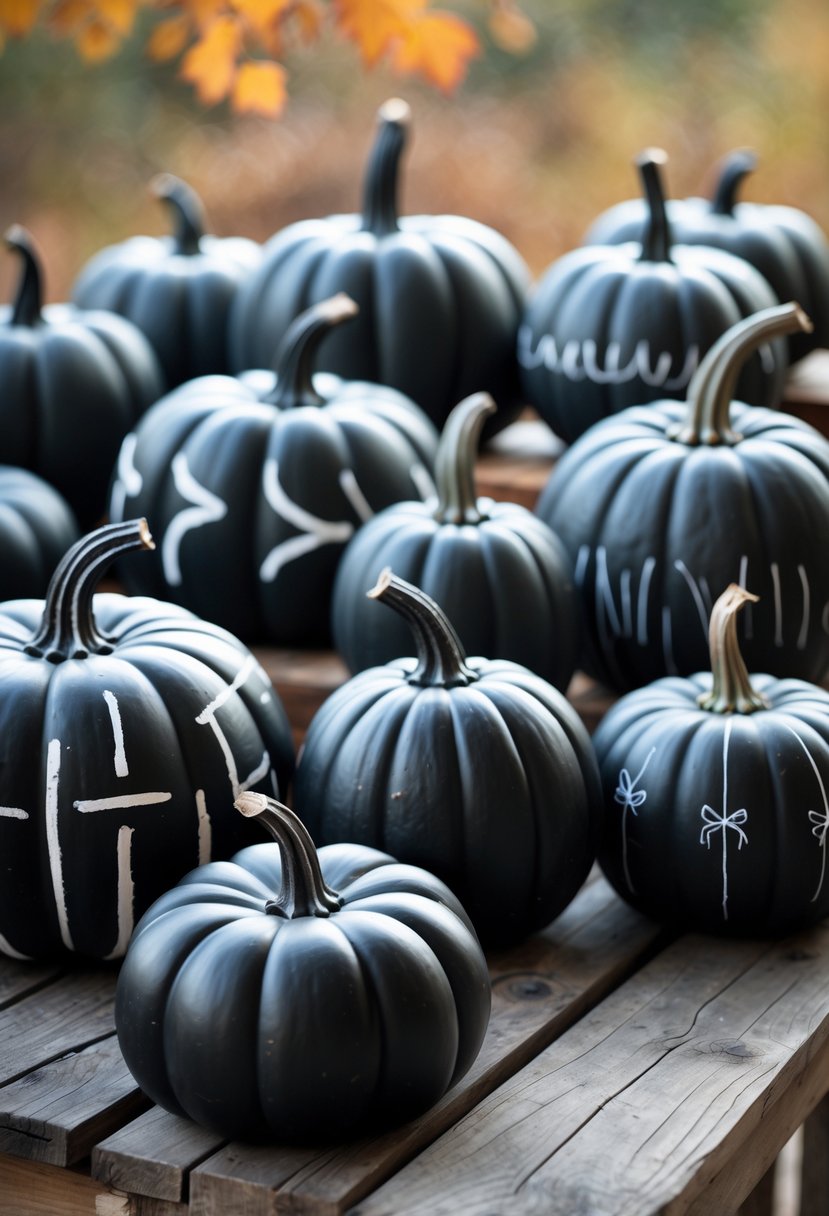 Thirteen black pumpkins with smooth surfaces arranged on a wooden table, each decorated with subtle white chalk designs, set against a blurred autumn background.