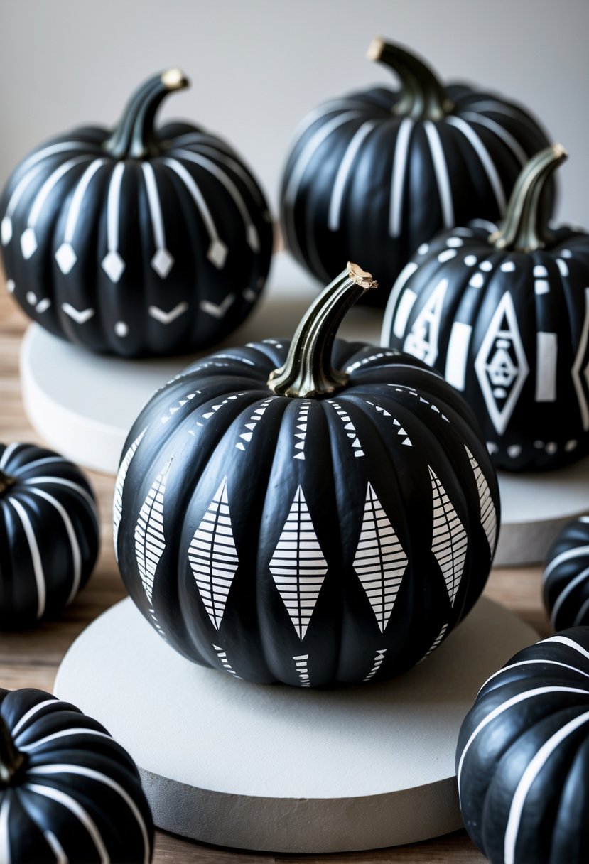 Several black pumpkins decorated with white geometric shapes arranged on a wooden surface.