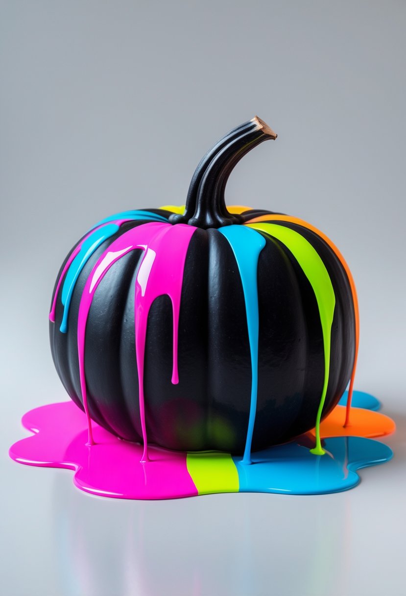 A black pumpkin with bright neon paint dripping down its surface against a plain background.