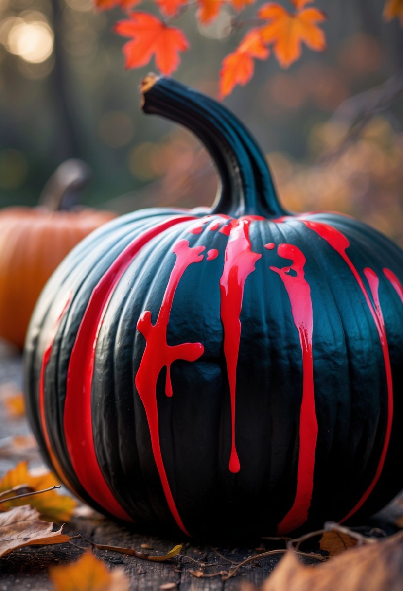 A black pumpkin covered with red paint splatters resembling blood, placed against a blurred autumn background.