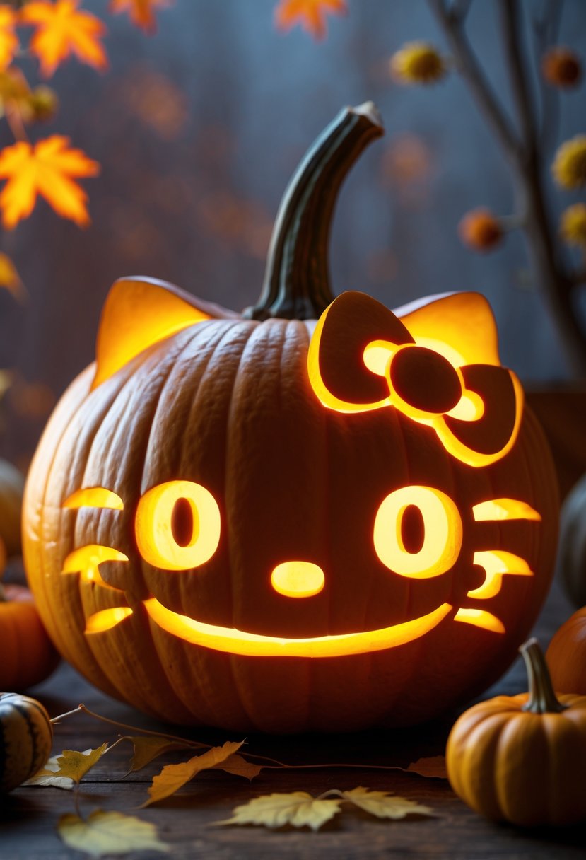 A carved pumpkin glowing from inside with a classic Hello Kitty face and bow, surrounded by autumn leaves and small gourds.