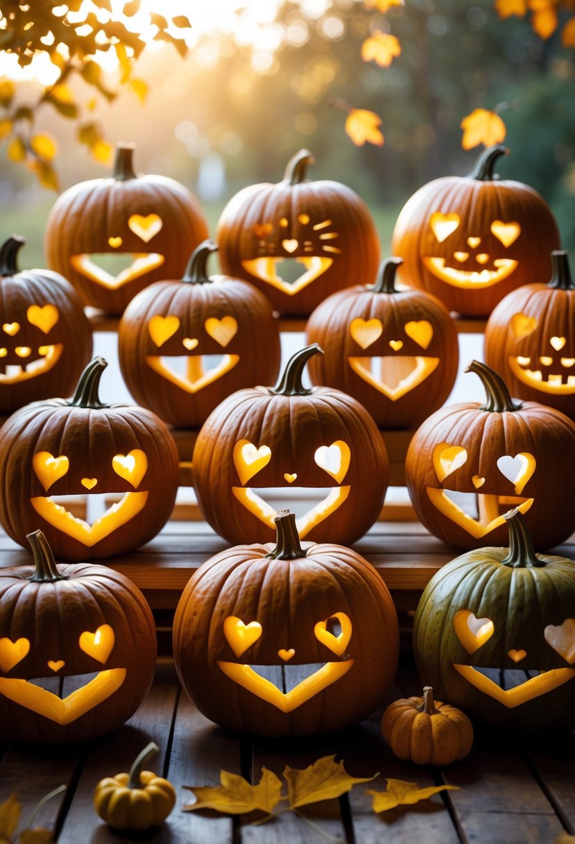 A group of 15 pumpkins carved with Hello Kitty and heart designs arranged on a wooden table with autumn decorations.