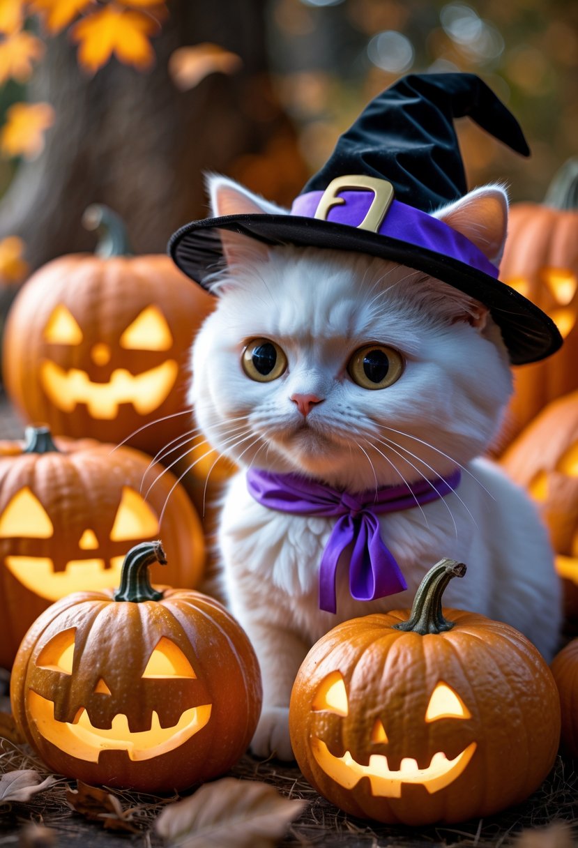 A cute white cat wearing a black witch hat surrounded by several carved pumpkins with Halloween designs.