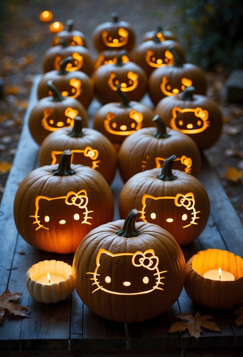 A collection of 15 pumpkins carved with simple Hello Kitty outline designs, arranged on a wooden table with warm glowing light inside each pumpkin.