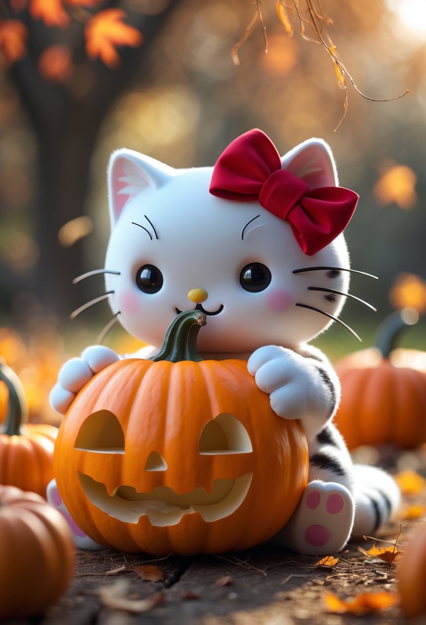 A cartoon white cat with a red bow holding an orange pumpkin against a blurred autumn background.