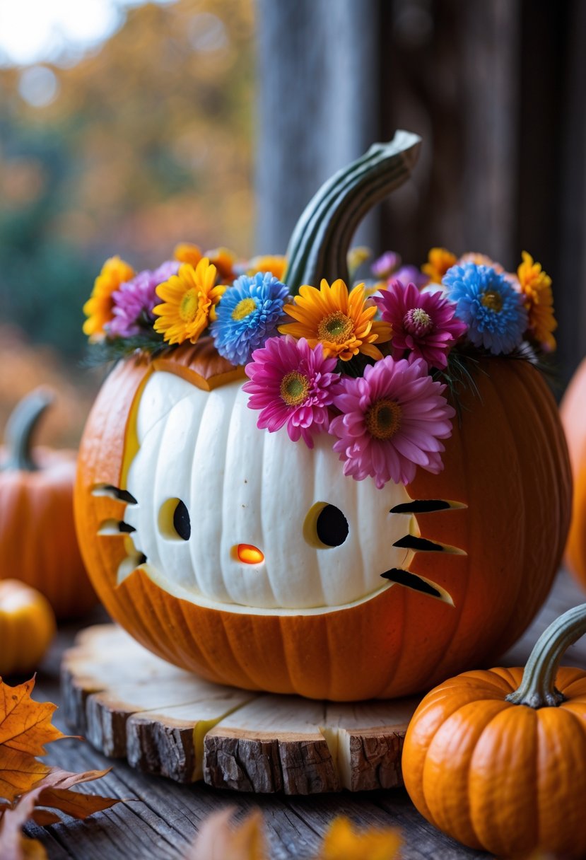 A carved pumpkin featuring Hello Kitty's face with a colorful floral crown on top, surrounded by small pumpkins and autumn leaves on a wooden table.