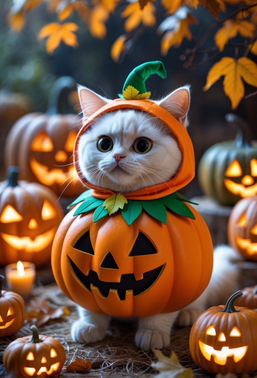 A cute white cat character wearing a pumpkin costume surrounded by carved glowing pumpkins on an autumn background.