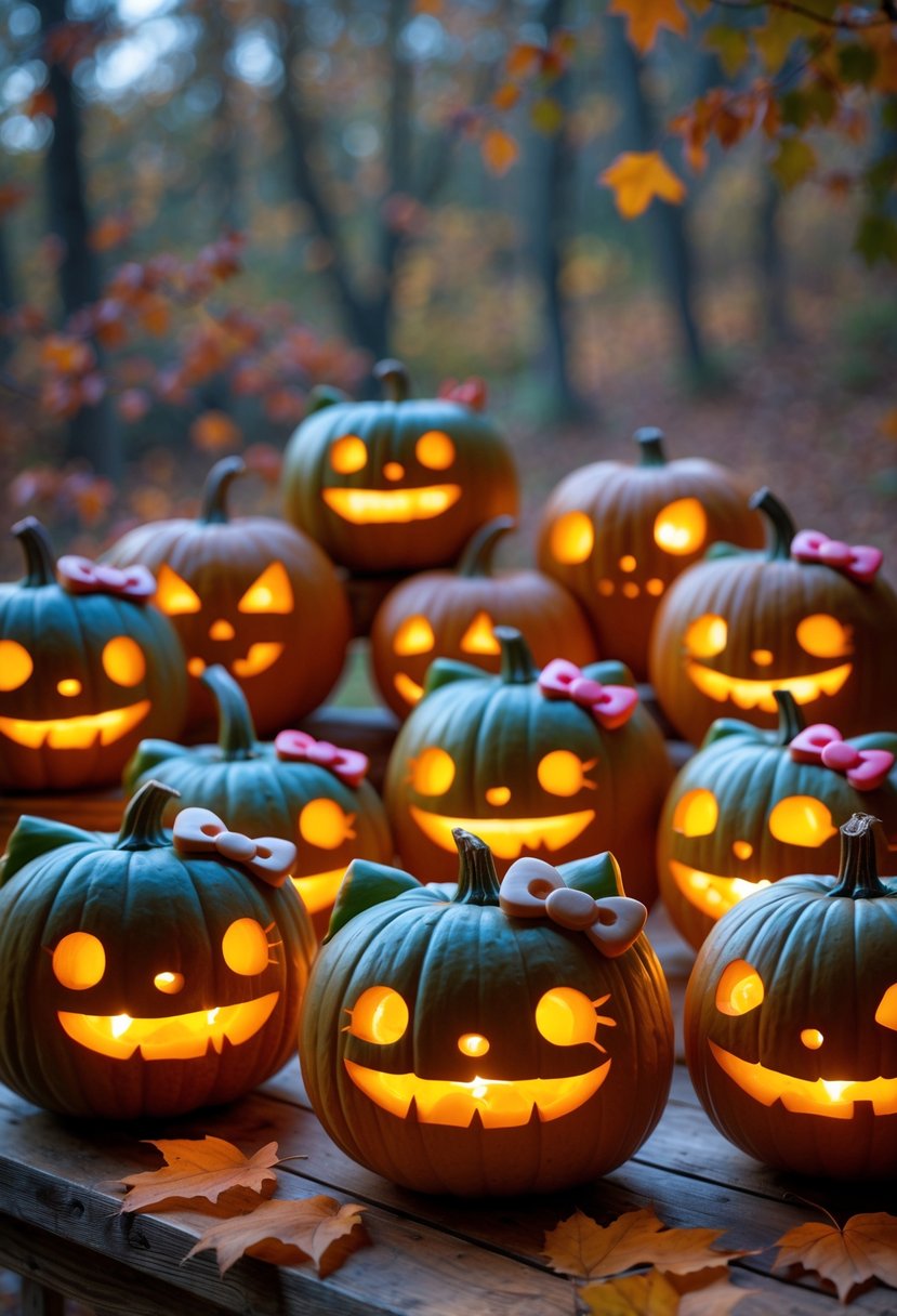 A display of 15 carved pumpkins featuring Hello Kitty ghost faces with bows, glowing softly on a wooden table surrounded by autumn leaves.