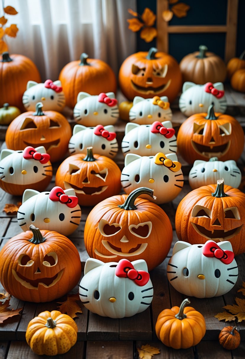 A collection of 15 pumpkins carved with cute Hello Kitty and friends designs arranged on a wooden table with autumn decorations.