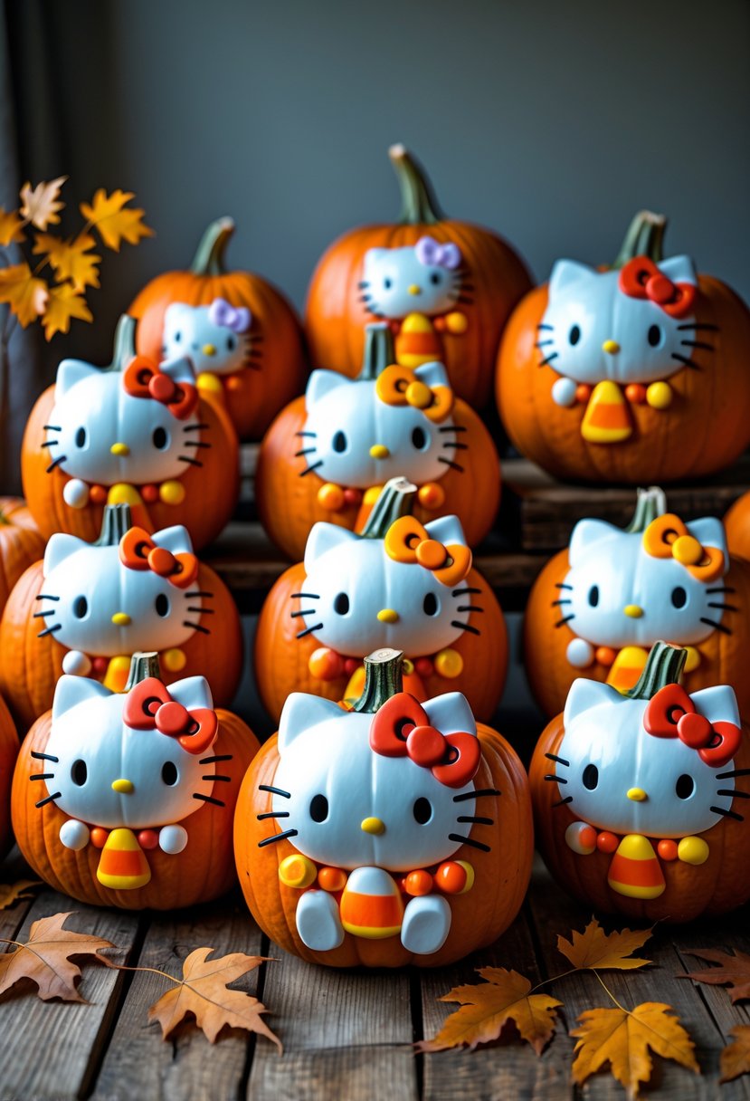 A group of 15 pumpkins carved with Hello Kitty faces and decorated with candy corn colors, arranged on a wooden table with autumn leaves.