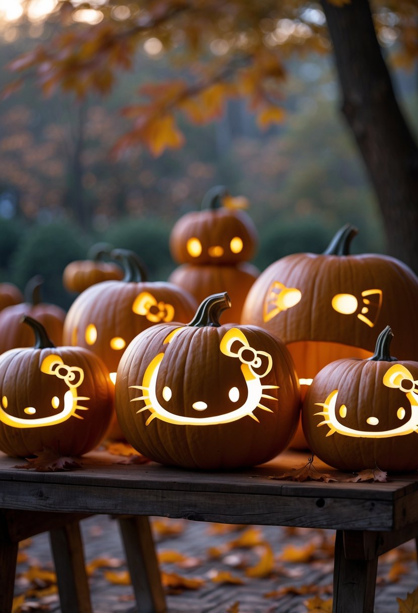 Several pumpkins carved with Hello Kitty bow patterns glowing warmly on a wooden table surrounded by autumn leaves.