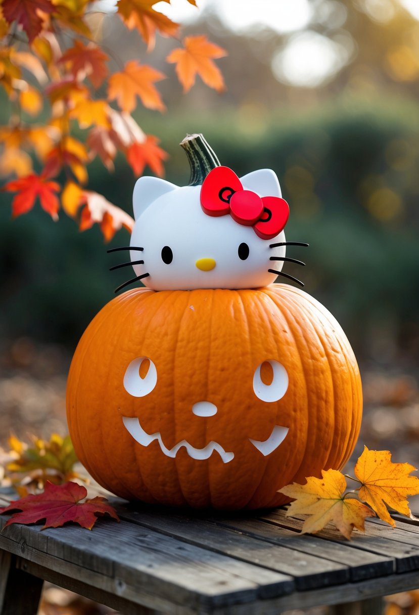 A carved pumpkin featuring Hello Kitty's face peeking out from the top, surrounded by autumn leaves on a wooden table.