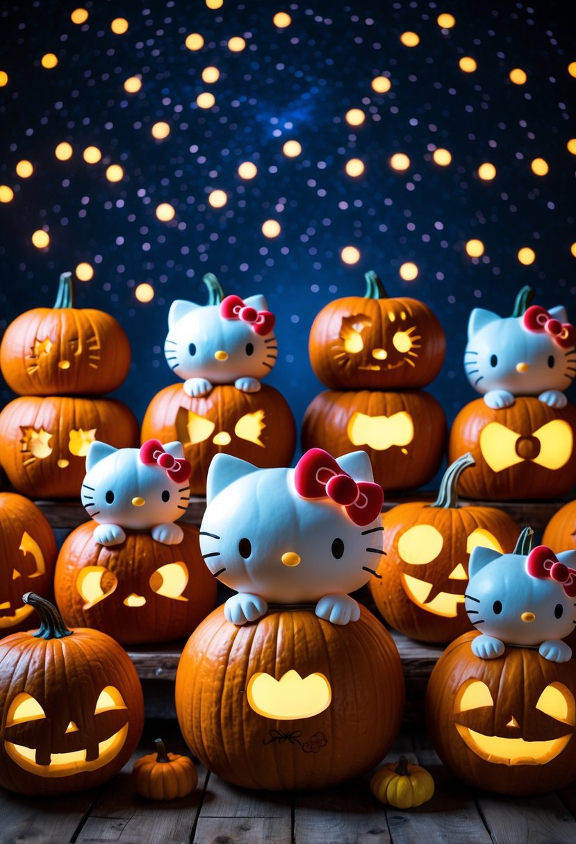 A collection of 15 pumpkins carved with Hello Kitty designs displayed on a wooden table under a starry night sky.