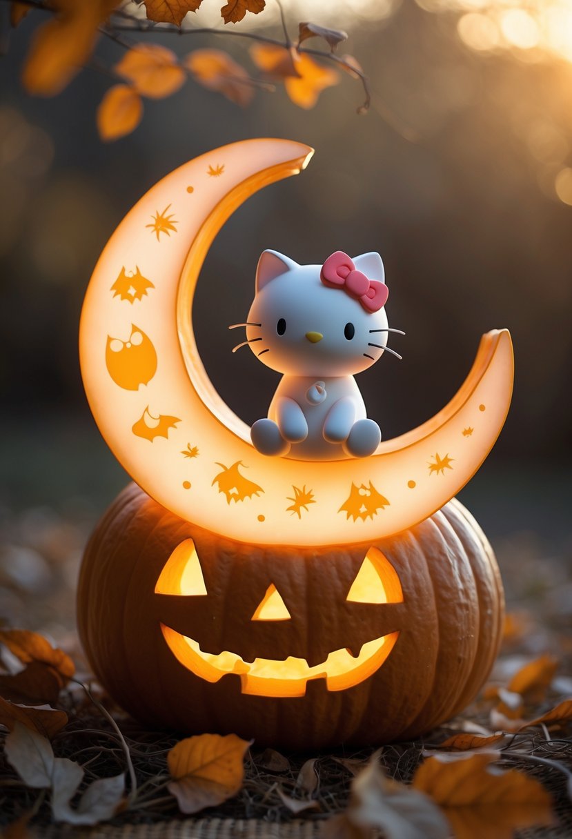 A cute white cat with a red bow sitting on a glowing crescent moon-shaped pumpkin surrounded by autumn leaves.