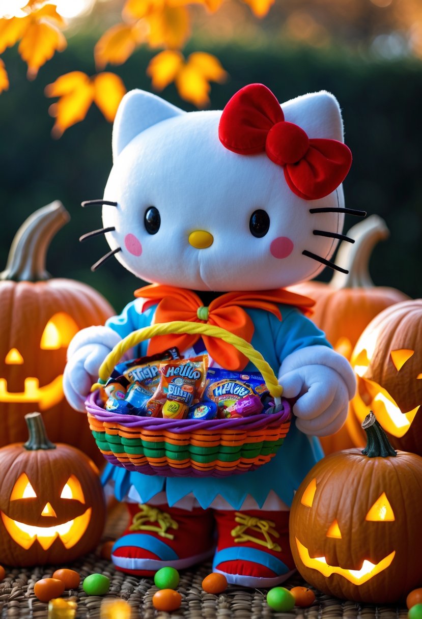 Hello Kitty holding a basket of Halloween candy surrounded by carved pumpkins outdoors.