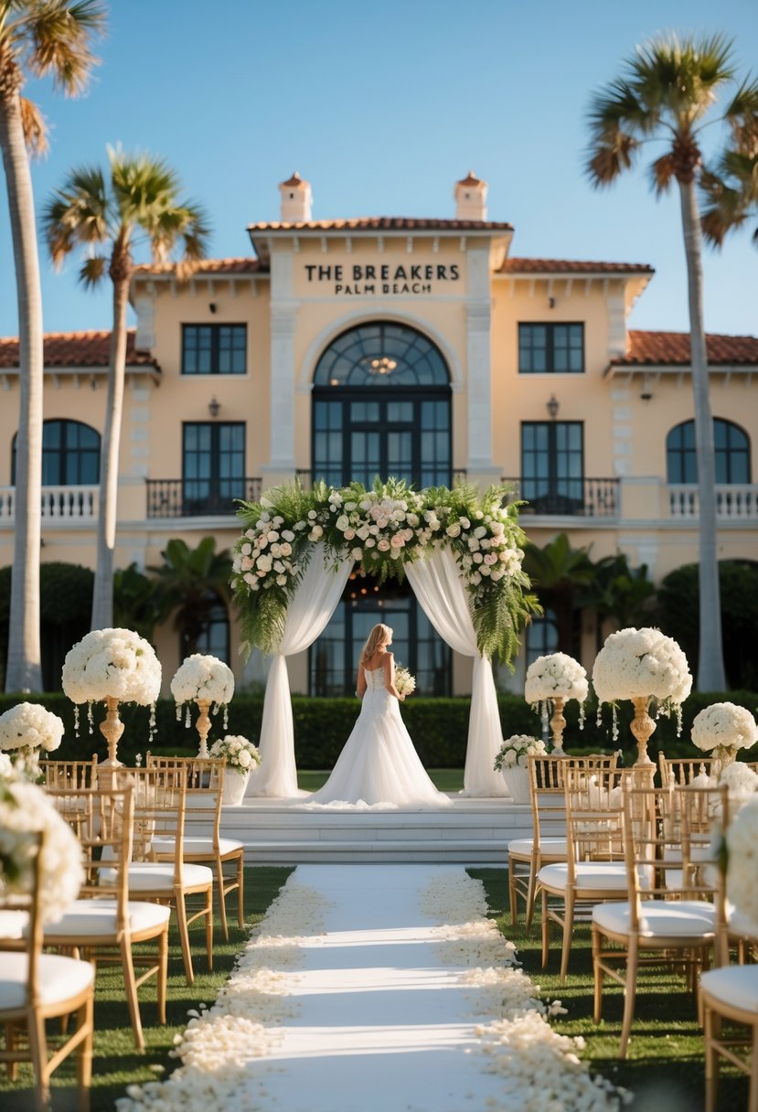 A grand historic oceanfront resort with elegant outdoor wedding decorations overlooking the ocean under a clear blue sky.
